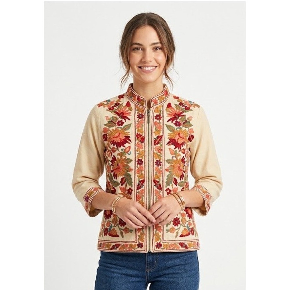 Rapsodia Embroidered Gujarat Harris Jacket Small Beige Kashmiri Aari Floral